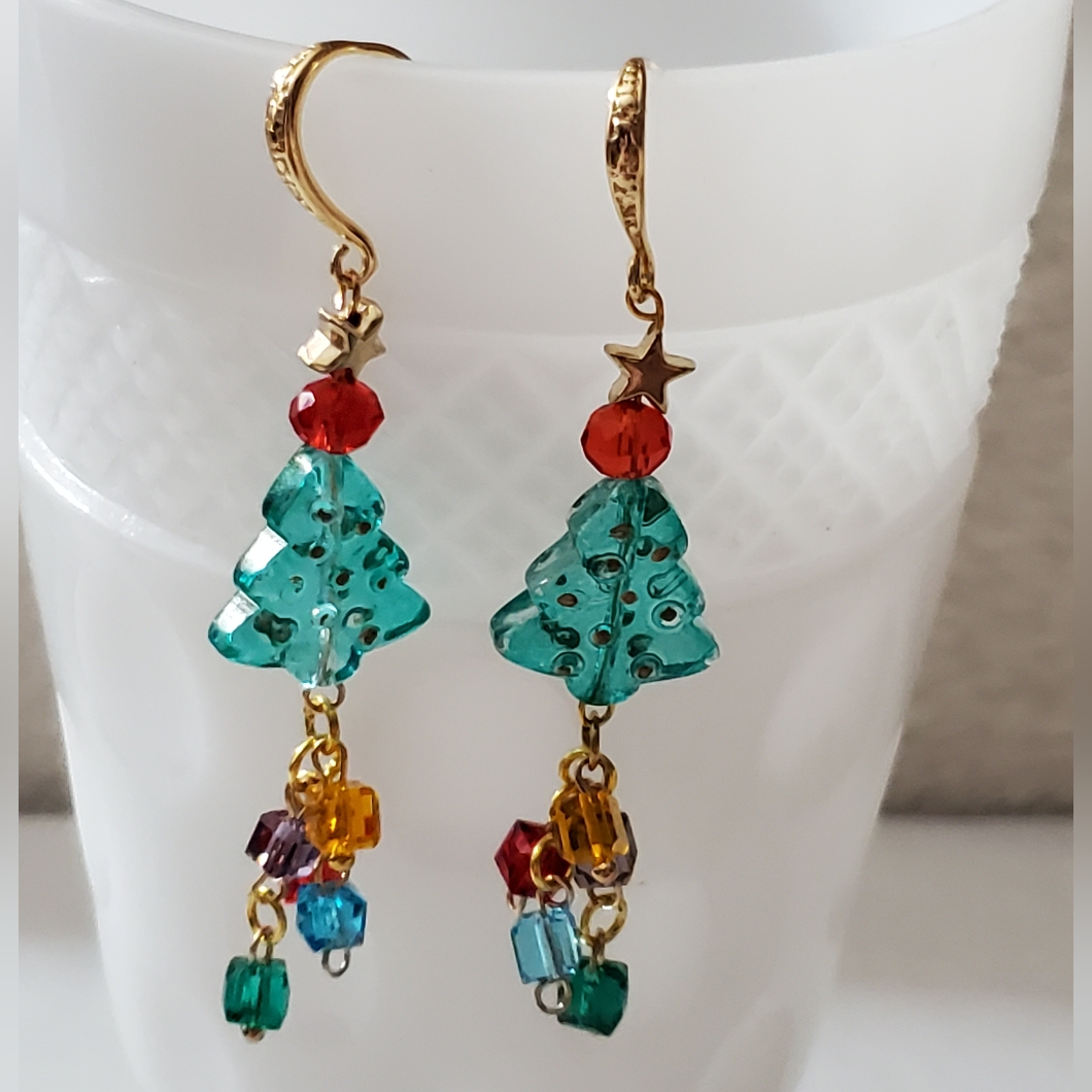 Christmas Tree Gifts Earrings Handmade Lampwork Swarovski 18k Gold Glass Beaded